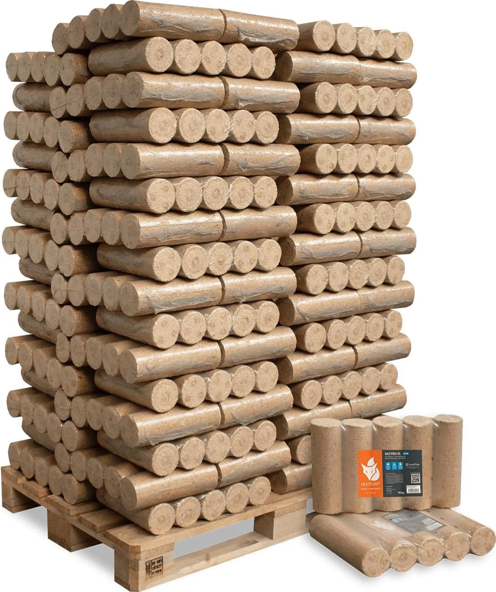 94cda32ad8b154dfc2462611706389f3.webp HEIZFUXX Nestro XL Blue Weichholzbriketts 960 kg (96 x 10 kg) – Image 1