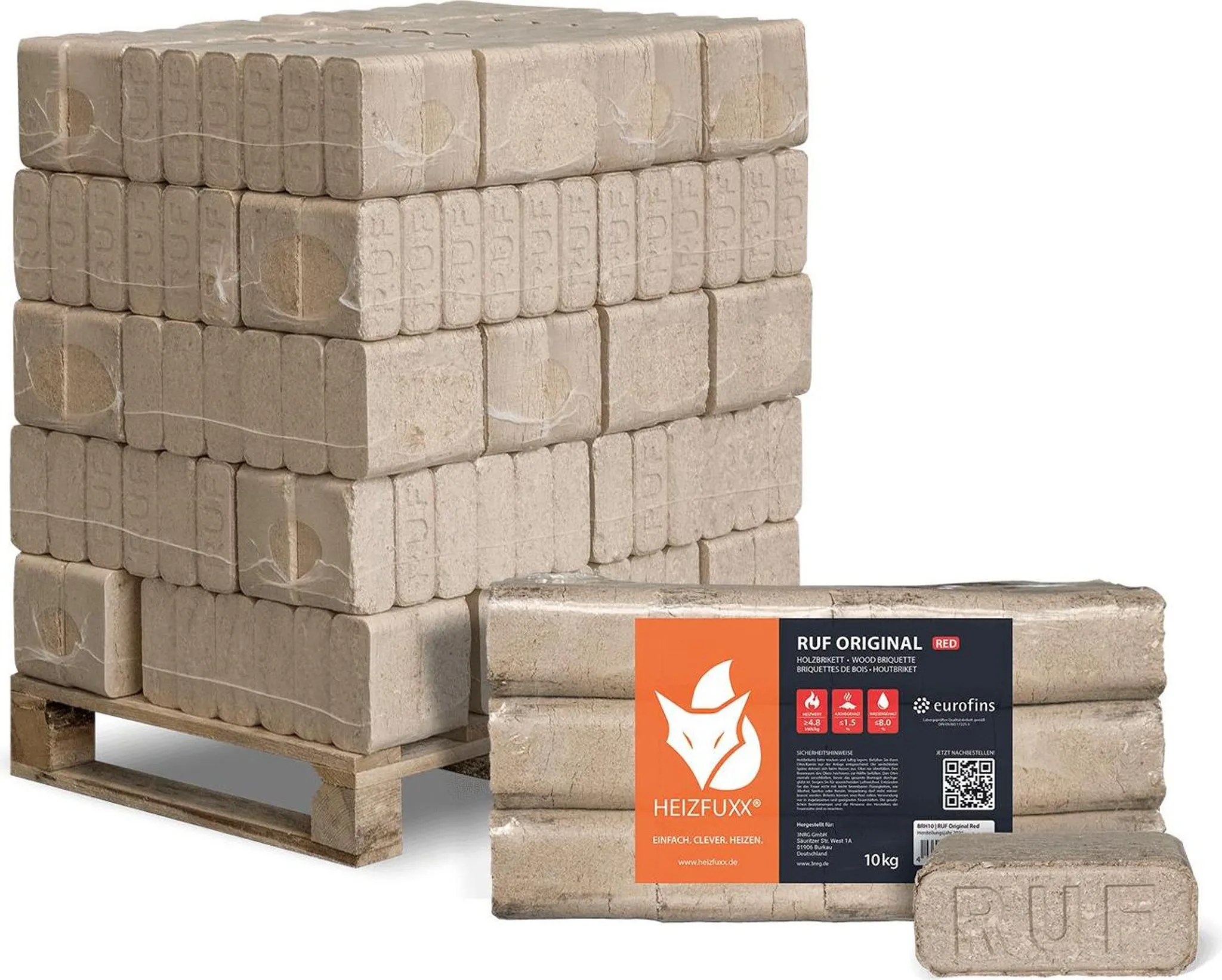 477acbf0f48a88de5a0cb0084219400a.webp Heizfuxx RUF Original Red Holzbriketts – 300 kg Palette (30 x 10 kg) – Bild 1
